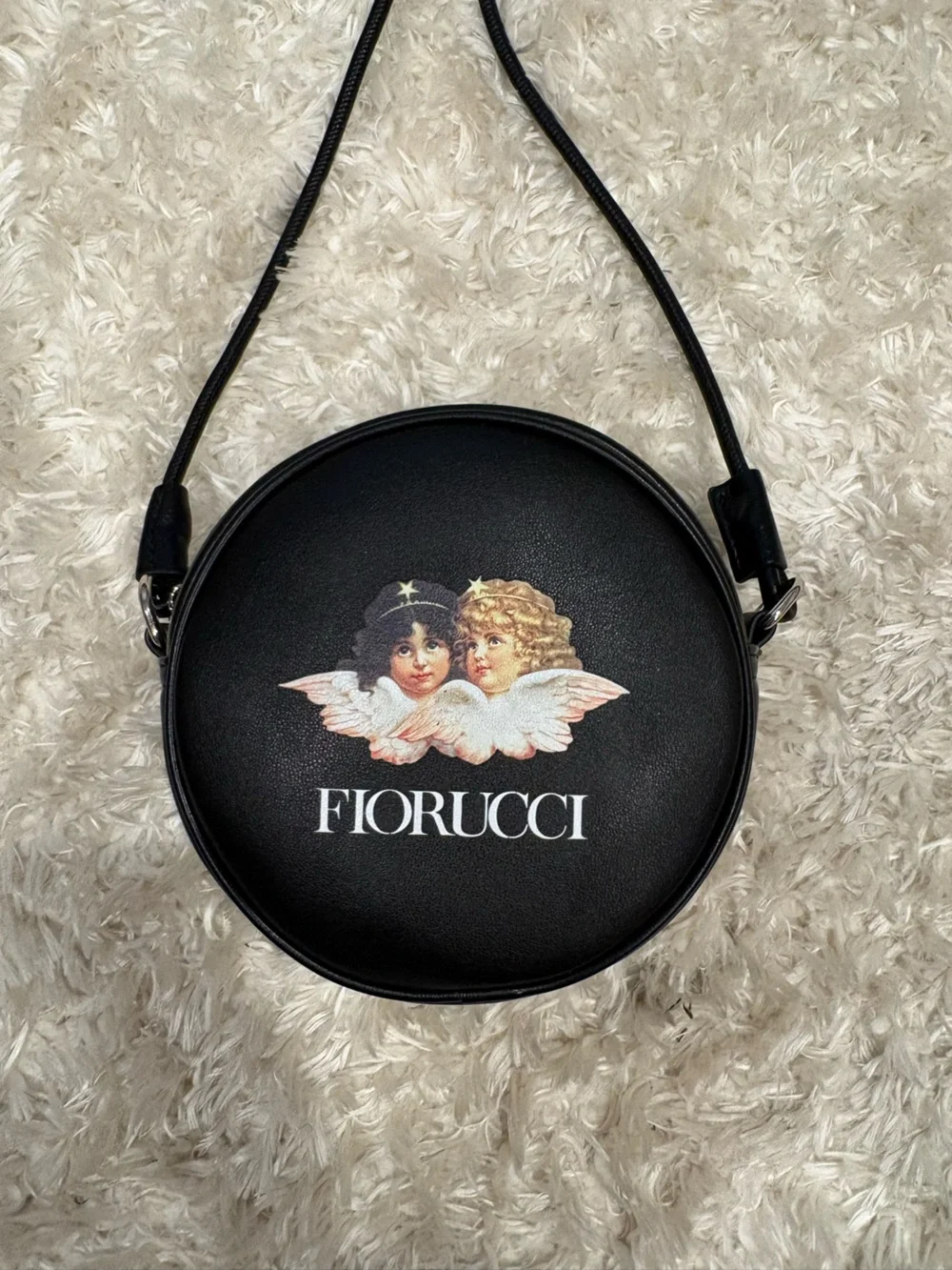 Fiorucci Black Round Crossbody Cherub Motif  Purse Crossbody Strap Leather